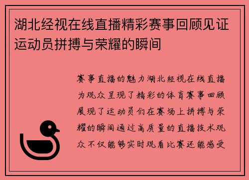 湖北经视在线直播精彩赛事回顾见证运动员拼搏与荣耀的瞬间