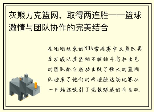 灰熊力克篮网,取得两连胜——篮球激情与团队协作的完美结合